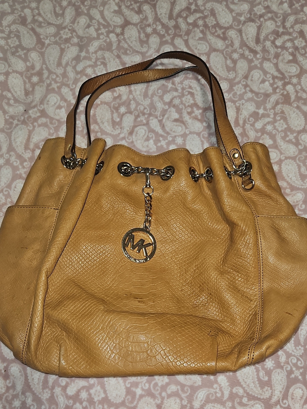Michael Kors Cognac Leather Shoulder Tote with MK Medallion